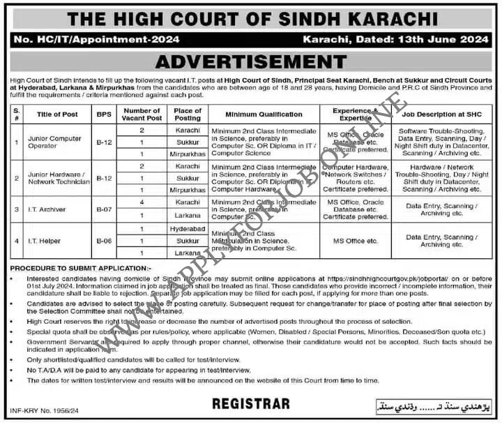 Sindh High Court Jobs 2024 in Pakistan-ApplyforJob