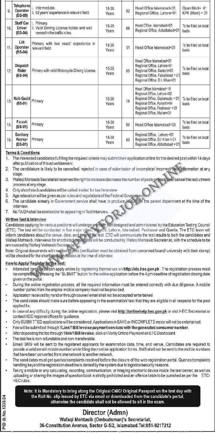 Wafaqi Mohtasib Islamabad Jobs 2024 Advertisement-ApplyforJob