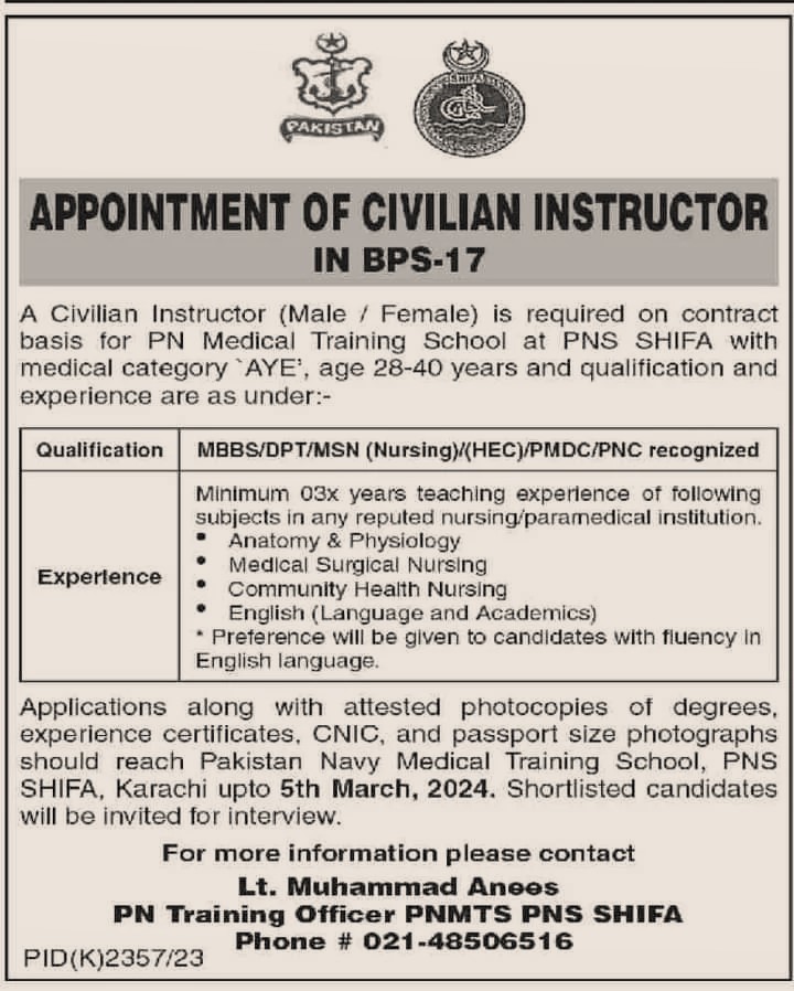 Job Advertisement for PNS Shifa Karachi Jobs 2024 in Pakistan Navy-ApplyforJob