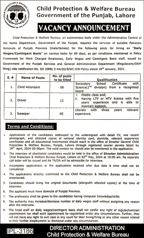 Pakistan Child Protection and Welfare Bureau Lahore Jobs 2024-ApllyforJob