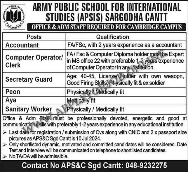 Army Public School Sargodha Jobs 2024-ApplyforJob