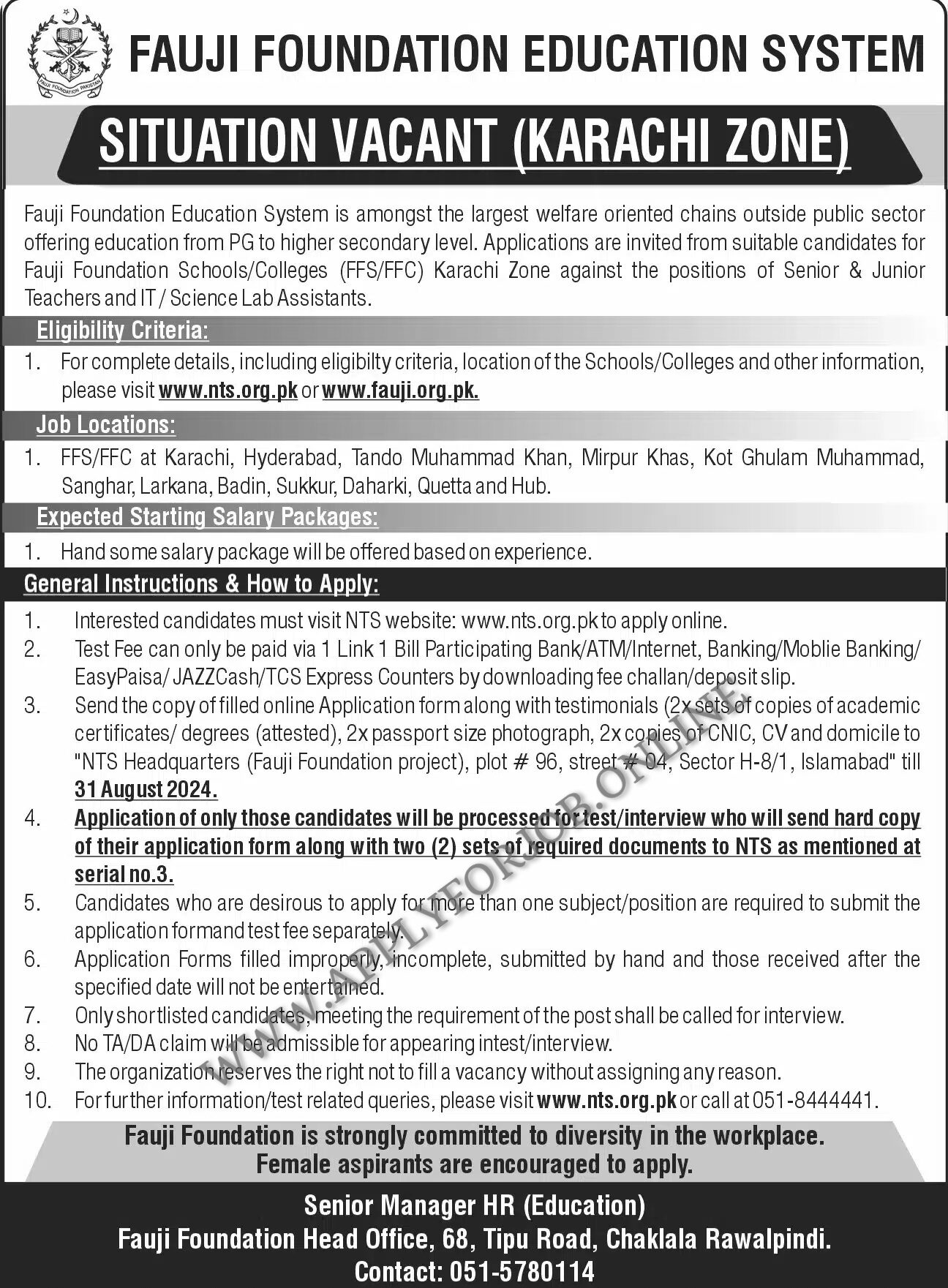 Fauji Foundation Karachi Zone Jobs 2024-ApplyforJob