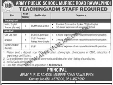 Army Public School Rawalpindi APS Jobs 2024-ApplyforJob